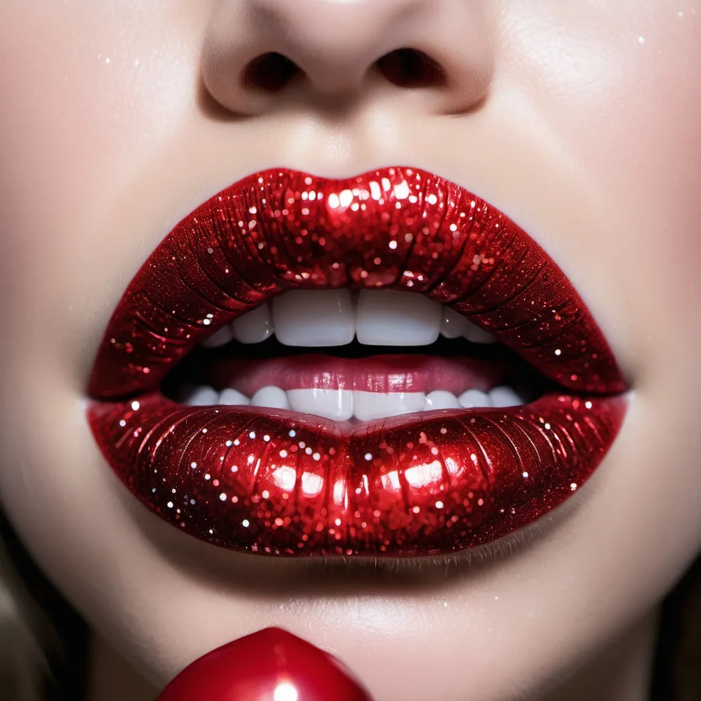 Prompt: a close up of a woman's lips with glitter on them and a red lip color with white tips, Dirk Crabeth, art photography, fashion photography, a microscopic photo