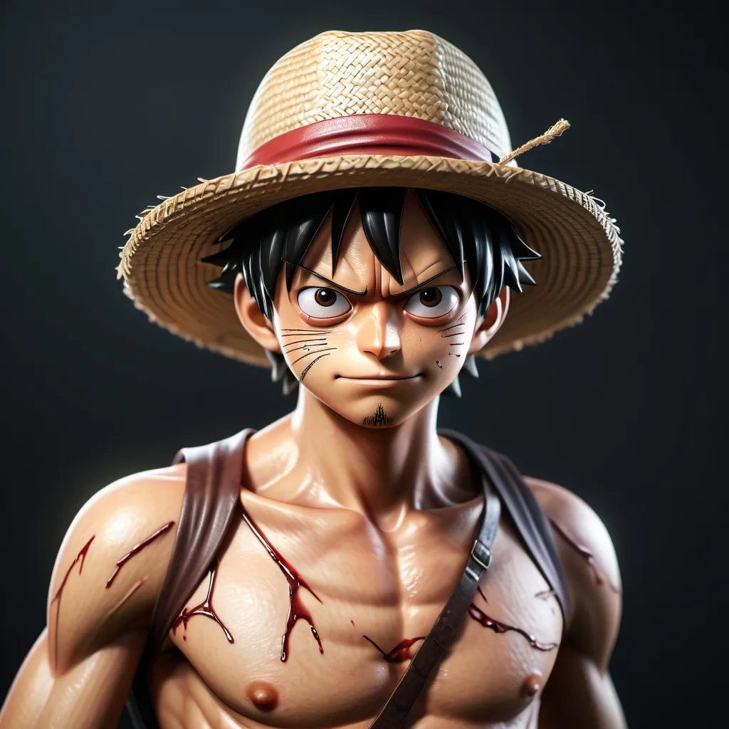 Prompt: Monkey D. Luffy, one piece, X-shaped scar on his chest, Straw Hat, symmetrical body, photorealistic portrait, cinematic lighting, high contrast, artstation, character concept art, 8K sharp focus, highly detailed, ultra photorealism, unreal engine 5 effects