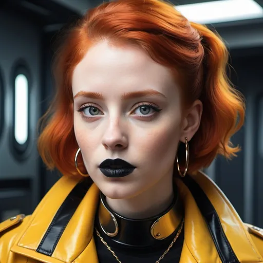 Prompt: a woman (Aurore Cassel) with red hair and black lipstick wearing large hoop earrings and a yellow jacket with a black collar, Eve Ryder, retrofuturism, ultra realistic faces, a character portrait