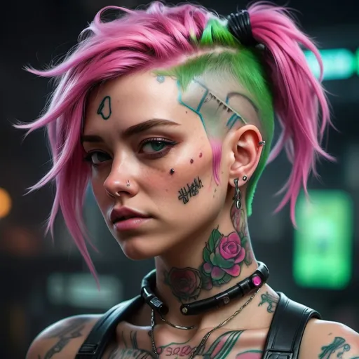 Prompt: cyberpunk judy with a tattoo on her neck and a piercing on her head and a pink and green hair, Eve Ryder, photorealism, ultra realistic faces, a character portrait