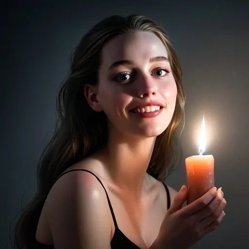 Prompt: <mymodel>  with dark hair and a creepy look on her face, with a candle in the background, in a dark room, Charlie Bowater, fantasy art, stanley artgerm lau, a photorealistic painting