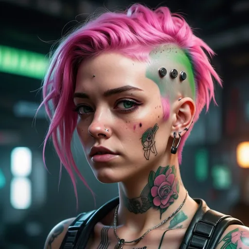 Prompt: cyberpunk judy with a tattoo on her neck and a piercing on her head and a pink and green hair, Eve Ryder, photorealism, ultra realistic faces, a character portrait