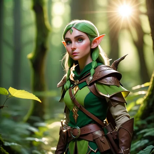 Prompt: Elf ranger in a mystical forest around sunlight