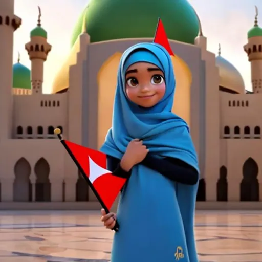 Prompt: Disney pixar character a hijabi malay girl hold a palestinian flag in font of mosque with printed name Aina in her arabic uniform