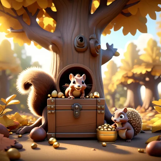 Prompt: nder a giant ancient tree, the little brown squirrel and the round hedgehog sit beside a small open treasure chest. Inside are glistening acorns and golden leaves. Sunlight streams through the branches above, casting a warm and magical glow on the happy friends. 3d cartoon .disney pixar style


