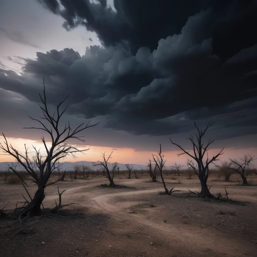 Prompt: barren land with twilight
with dry trees and a weather which has black clouds

