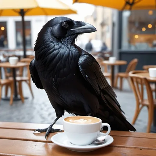 Prompt: 4k, A Raven enjoying a coffee at a café