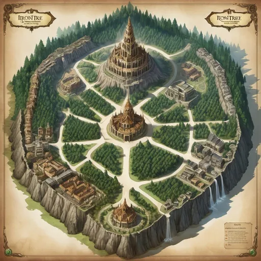 Prompt: Generate a detailed map of Irontree, an eladrin city in a vast, dense forest. The sprawling city is built around a massive pine tree. The lord's palace is directly under the roots of the pine tree. The giant pine tree is at the center of the city.