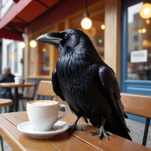 Prompt: 4k, A Raven enjoying a coffee at a café