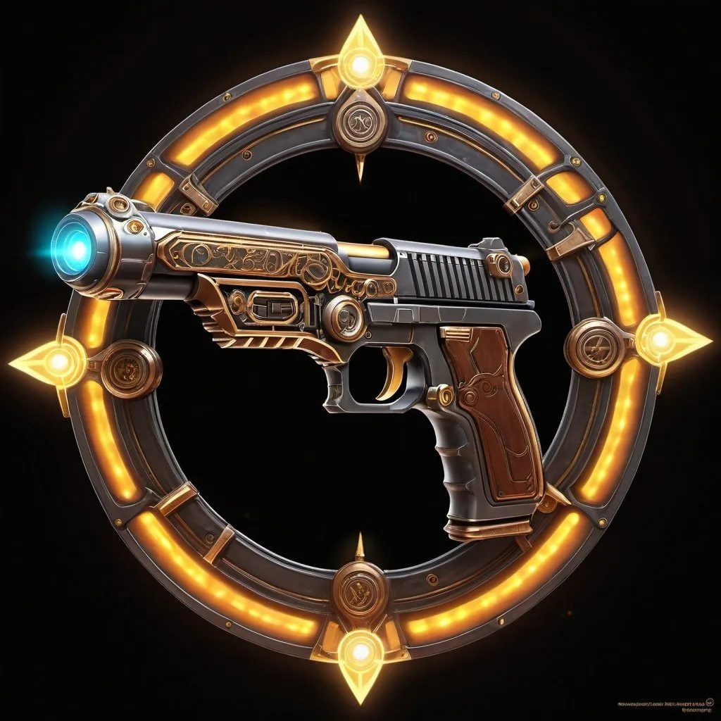 Prompt: heavy pistol, lights, glowing lights, magic runes, glowing runes, heavy on the Halo influence, steampunk design