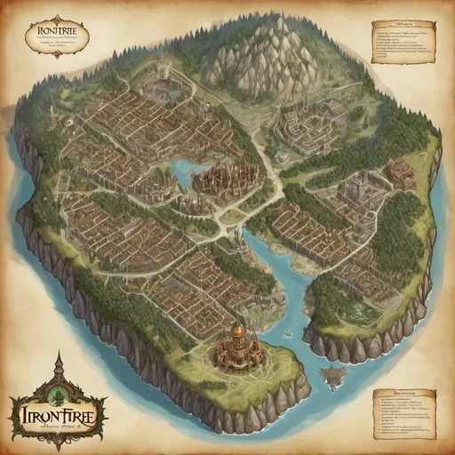 Prompt: Generate a detailed map of Irontree, an eladrin city in the Feywild. The sprawling city is built around a massive pine tree. The lord's palace is directly under the roots of the pine tree.