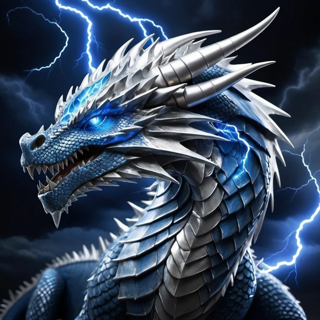 Prompt: Storm dragon, silver scales, blue lightning bolt patterns, noble, nobility