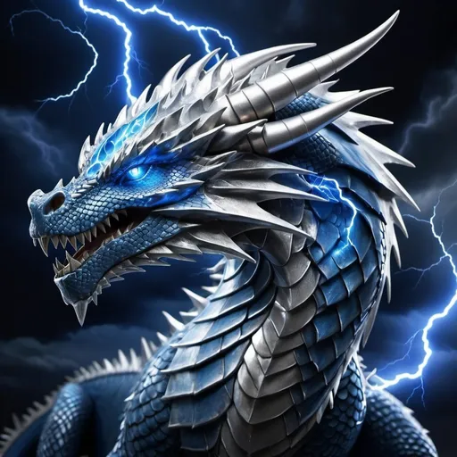 Prompt: Storm dragon, silver scales, blue lightning bolt patterns, noble, nobility