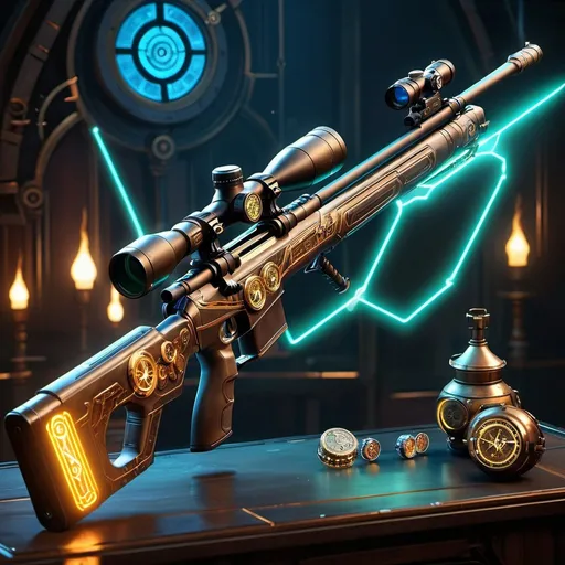 Prompt: sniper rifle, lights, glowing lights, magic runes, glowing runes, heavy on the Halo influence, steampunk design