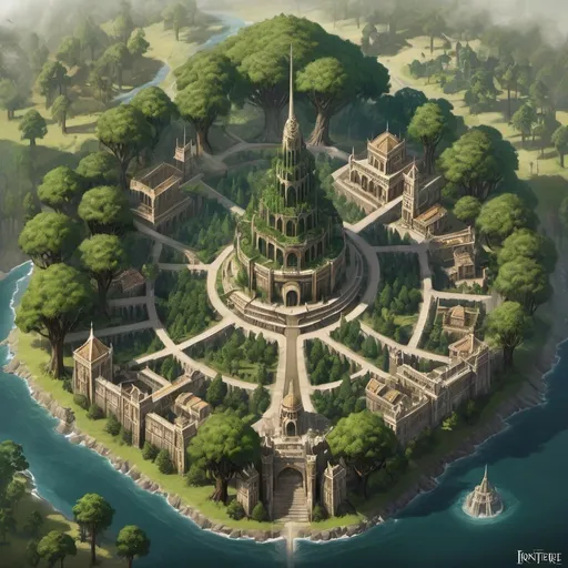 Prompt: Generate a detailed map of Irontree, an eladrin city in a vast, dense forest. The sprawling city is built around a massive pine tree. The lord's palace is directly under the roots of the pine tree. The giant pine tree is at the center of the city.