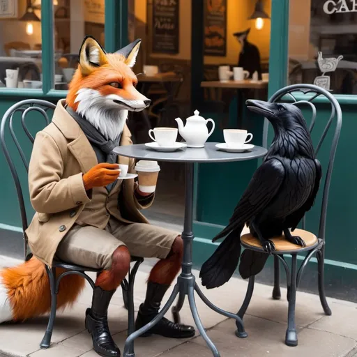 Prompt: A fox enjoying coffee at a café. He is eating a pastry. A raven perches on the chair opposite the fox.