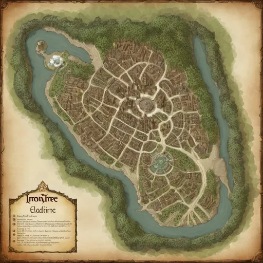 Prompt: Generate a map of Irontree, an eladrin city in the Feywild. The city is built around a massive pine tree. The lord's palace is directly under the roots of the pine tree.