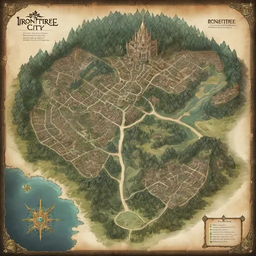 Prompt: Generate a detailed map of Irontree, an eladrin city in the Feywild. The sprawling city is built around a massive pine tree. The lord's palace is directly under the roots of the pine tree.