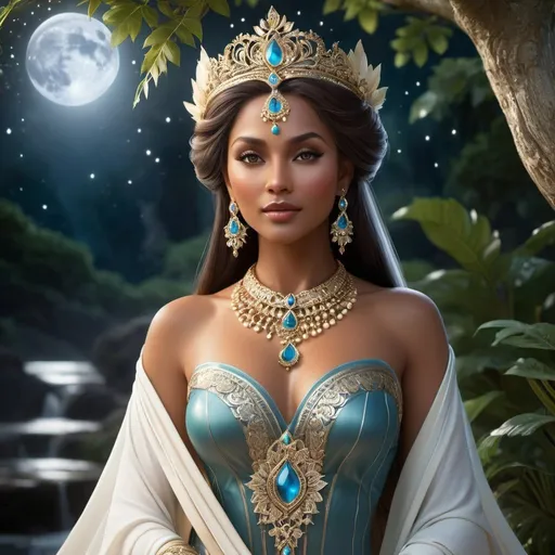 Prompt: "Craft an exquisite digital artwork capturing the regal presence of Lady Selindra, matriarch of the noble house ruling over the Feywild city of Irontree. Envision her amidst the moonlit splendor of the Feywild, her aura suffused with an otherworldly grace and authority. Render her with an air of serene elegance, her features exuding a timeless beauty that speaks of wisdom and power. Portray her with an imperious gaze, her eyes reflecting the silvery light of the moon with a hypnotic allure. Picture her draped in flowing garments of opulent fabrics, adorned with intricate patterns and symbols that hint at her connection to the mystical forces of the Feywild. Surround her with elements of nature and magic, such as shimmering moonbeams and ethereal wisps of mist, that accentuate her divine presence. Let the artwork evoke the ethereal beauty and majestic poise of Lady Selindra, capturing her as a luminous figure amidst the enchanting landscape of the Feywild." milk chocolate skin tone