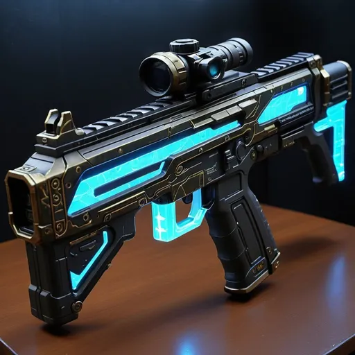 Prompt: Halo assault rifle,, MA5B assault rifle, lights, glowing lights, magic runes, glowing runes, heavy on the Halo influence, heavy dragon theme, steampunk design