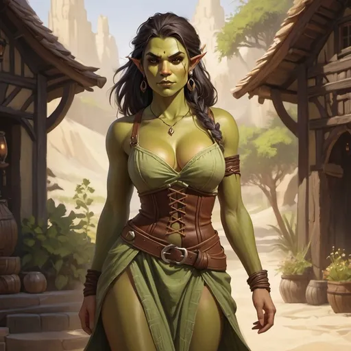 Prompt: full body, female half-orc, alluring, hourglass figure, whimsical sundress