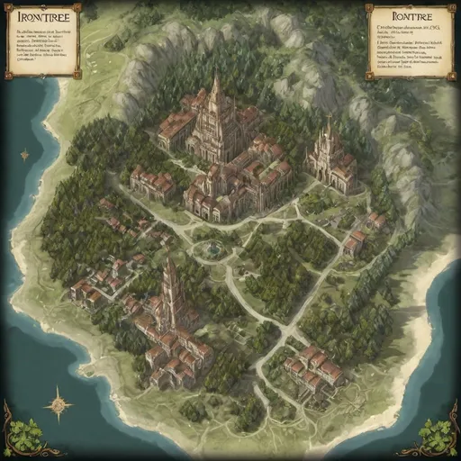 Prompt: Generate a detailed map of Irontree, an eladrin city in the Feywild. The sprawling city is built around a massive pine tree. The lord's palace is directly under the roots of the pine tree.