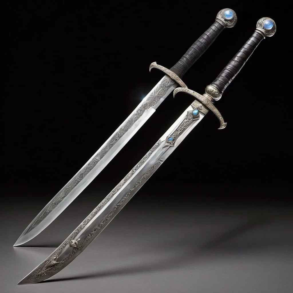 Prompt: A medieval European longsword, made by combining two shortswords together with a moonstone set in the pommel, blade slightly curved, hilt wrapped in black leather, running wolves etched in fine lines on the blade, pale glow of moonlight