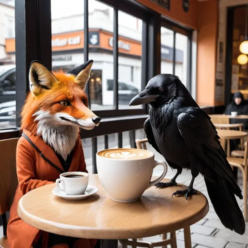 Prompt: A fox and a raven enjoying coffee at a café.