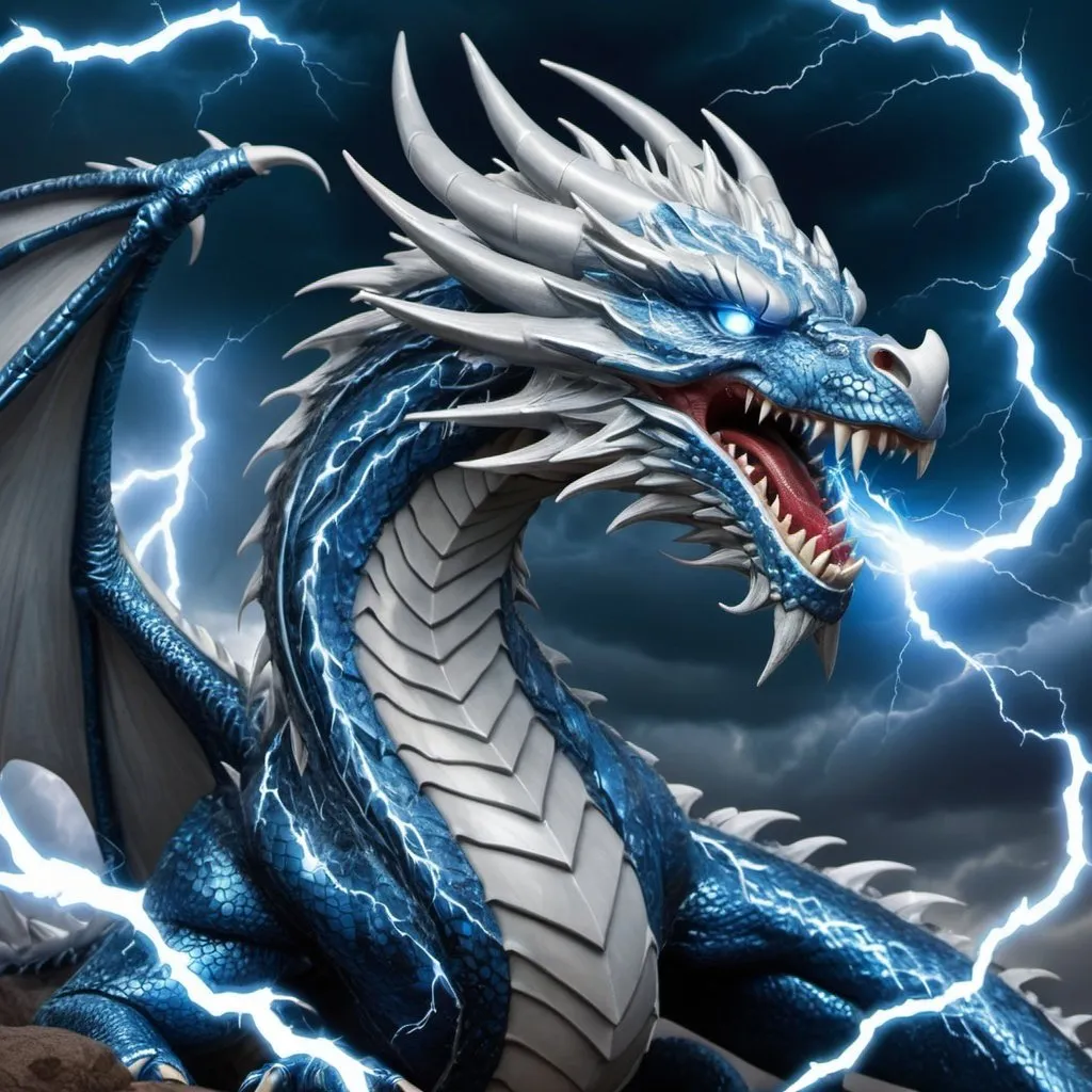 Prompt: Storm dragon, silver dragon, blue lightning bolt patterns