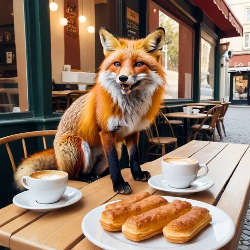 Prompt: A fox enjoying coffee and pastry at a café.