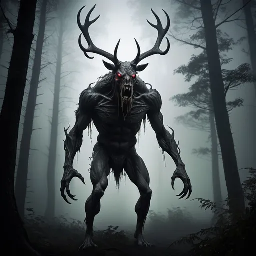 Prompt: A shadowy, towering figure stands partially obscured by the dense trees and thick fog of the night. Its form is a distorted blend of man and beast, with long, sinewy limbs that end in sharp, claw-like fingers. Its skin appears dark and mottled, almost merging with the surrounding shadows, giving it an eerie, spectral appearance. The creature's head, vaguely humanoid, is adorned with twisted, branching antlers that blend into the darkness. Glowing, crimson eyes peer through the fog, exuding a sense of malevolent intelligence. Its mouth, filled with jagged, black teeth, occasionally drips with a dark, viscous fluid. The creature's body, muscular yet unnaturally elongated, moves with silent, predatory grace, almost melting into the trees as it stalks its prey. The rain-soaked, heavily forested foothills and the dim moonlight barely piercing the thick canopy add to the unsettling atmosphere, making the creature appear as if it is part of the very shadows themselves.