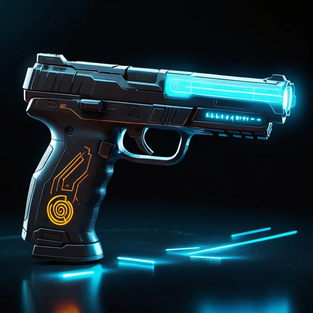 Prompt: heavy pistol, lights, glowing lights, magic runes, glowing runes, heavy on the Halo influence, cyberpunk design