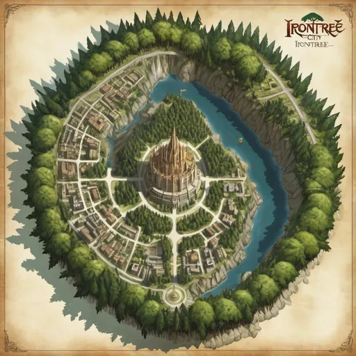 Prompt: Generate a detailed map of Irontree, an eladrin city in a vast, dense forest. The sprawling city is built around a massive pine tree. The lord's palace is directly under the roots of the pine tree. The giant pine tree is at the center of the city.