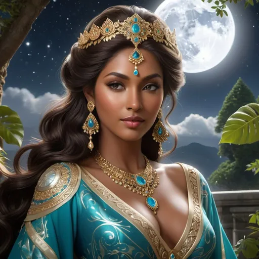 Prompt: "Craft an exquisite digital artwork capturing the regal presence of Lady Selindra, matriarch of the noble house ruling over the Feywild city of Irontree. Envision her amidst the moonlit splendor of the Feywild, her aura suffused with an otherworldly grace and authority. Render her with an air of serene elegance, her features exuding a timeless beauty that speaks of wisdom and power. Portray her with an imperious gaze, her eyes reflecting the silvery light of the moon with a hypnotic allure. Picture her draped in flowing garments of opulent fabrics, adorned with intricate patterns and symbols that hint at her connection to the mystical forces of the Feywild. Surround her with elements of nature and magic, such as shimmering moonbeams and ethereal wisps of mist, that accentuate her divine presence. Let the artwork evoke the ethereal beauty and majestic poise of Lady Selindra, capturing her as a luminous figure amidst the enchanting landscape of the Feywild." milk chocolate skin tone, mature build and face