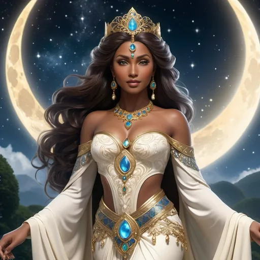 Prompt: "Craft an exquisite digital artwork capturing the regal presence of Lady Selindra, matriarch of the noble house ruling over the Feywild city of Irontree. Envision her amidst the moonlit splendor of the Feywild, her aura suffused with an otherworldly grace and authority. Render her with an air of serene elegance, her features exuding a timeless beauty that speaks of wisdom and power. Portray her with an imperious gaze, her eyes reflecting the silvery light of the moon with a hypnotic allure. Picture her draped in flowing garments of opulent fabrics, adorned with intricate patterns and symbols that hint at her connection to the mystical forces of the Feywild. Surround her with elements of nature and magic, such as shimmering moonbeams and ethereal wisps of mist, that accentuate her divine presence. Let the artwork evoke the ethereal beauty and majestic poise of Lady Selindra, capturing her as a luminous figure amidst the enchanting landscape of the Feywild." milk chocolate skin tone