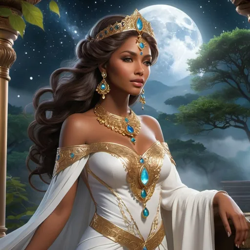 Prompt: "Craft an exquisite digital artwork capturing the regal presence of Lady Selindra, matriarch of the noble house ruling over the Feywild city of Irontree. Envision her amidst the moonlit splendor of the Feywild, her aura suffused with an otherworldly grace and authority. Render her with an air of serene elegance, her features exuding a timeless beauty that speaks of wisdom and power. Portray her with an imperious gaze, her eyes reflecting the silvery light of the moon with a hypnotic allure. Picture her draped in flowing garments of opulent fabrics, adorned with intricate patterns and symbols that hint at her connection to the mystical forces of the Feywild. Surround her with elements of nature and magic, such as shimmering moonbeams and ethereal wisps of mist, that accentuate her divine presence. Let the artwork evoke the ethereal beauty and majestic poise of Lady Selindra, capturing her as a luminous figure amidst the enchanting landscape of the Feywild." milk chocolate skin tone, mature build and face