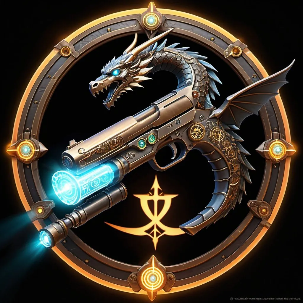 Prompt: heavy pistol, lights, glowing lights, magic runes, glowing runes, heavy on the Halo influence, heavy dragon theme, steampunk design