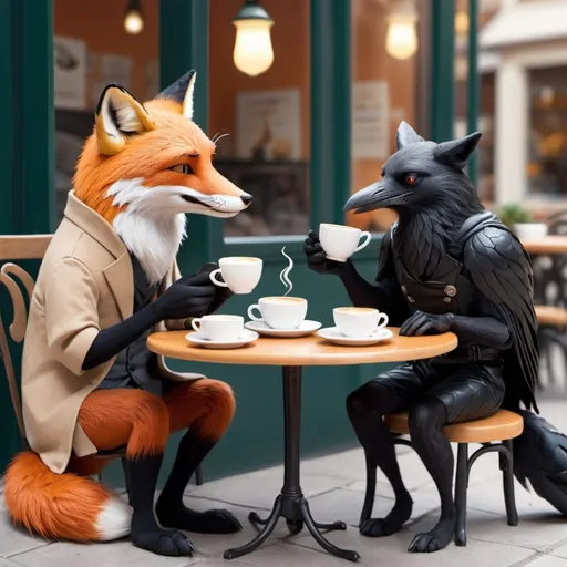 Prompt: A fox and a raven enjoying coffee at a café. They are having an animated conversation. They are also eating a pastry.