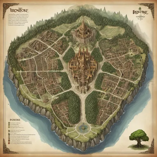 Prompt: Generate a detailed map of Irontree, an eladrin city in the Feywild. The sprawling city is built around a massive pine tree. The lord's palace is directly under the roots of the pine tree.