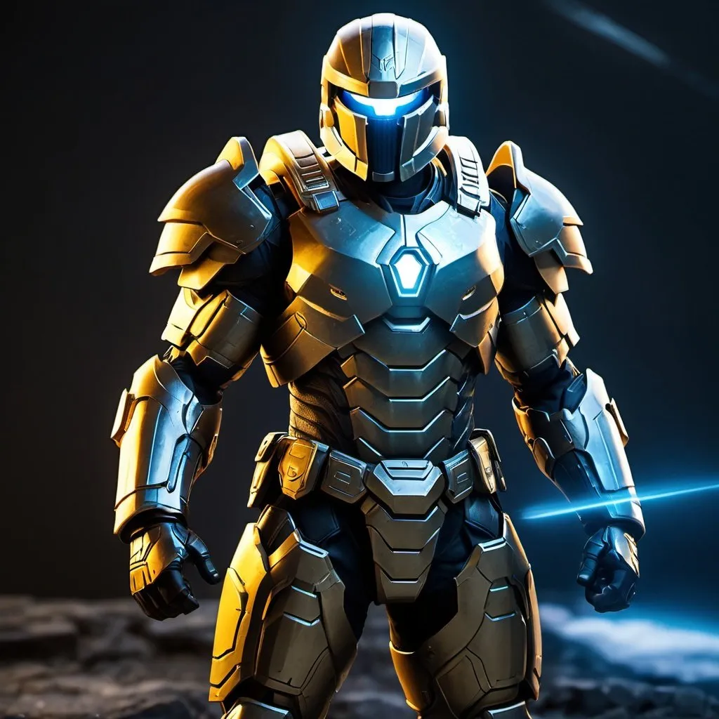 Prompt: Spartan-IV Mjolnir armor, gen 3 Mjolnir, heavy dragon theme, sleek and angular, armor lights, glowing lights, magic runes, glowing runes, heavy on the Halo influence, no horns, Mjolnir style helm, holding a rifle, MA5C rifle, rifle held at the ready.