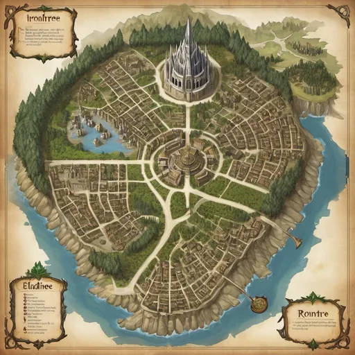 Prompt: Generate a detailed map of Irontree, an eladrin city in the Feywild. The sprawling city is built around a massive pine tree. The lord's palace is directly under the roots of the pine tree. The giant pine tree is at the center of the city.