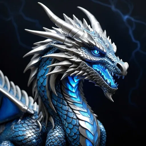 Prompt: Storm dragon, silver scales, blue lightning bolt patterns, noble, nobility