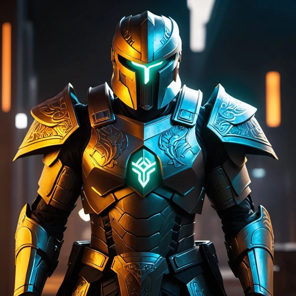 Prompt: Spartan-IV Mjolnir armor, gen 3 Mjolnir, heavy dragon motifs, dragon colors, sleek and angular, armor lights, glowing lights, magic runes, glowing runes, heavy on the Halo influence, heavy dragon theme, no horns, Mjolnir style helm, cyberpunk design