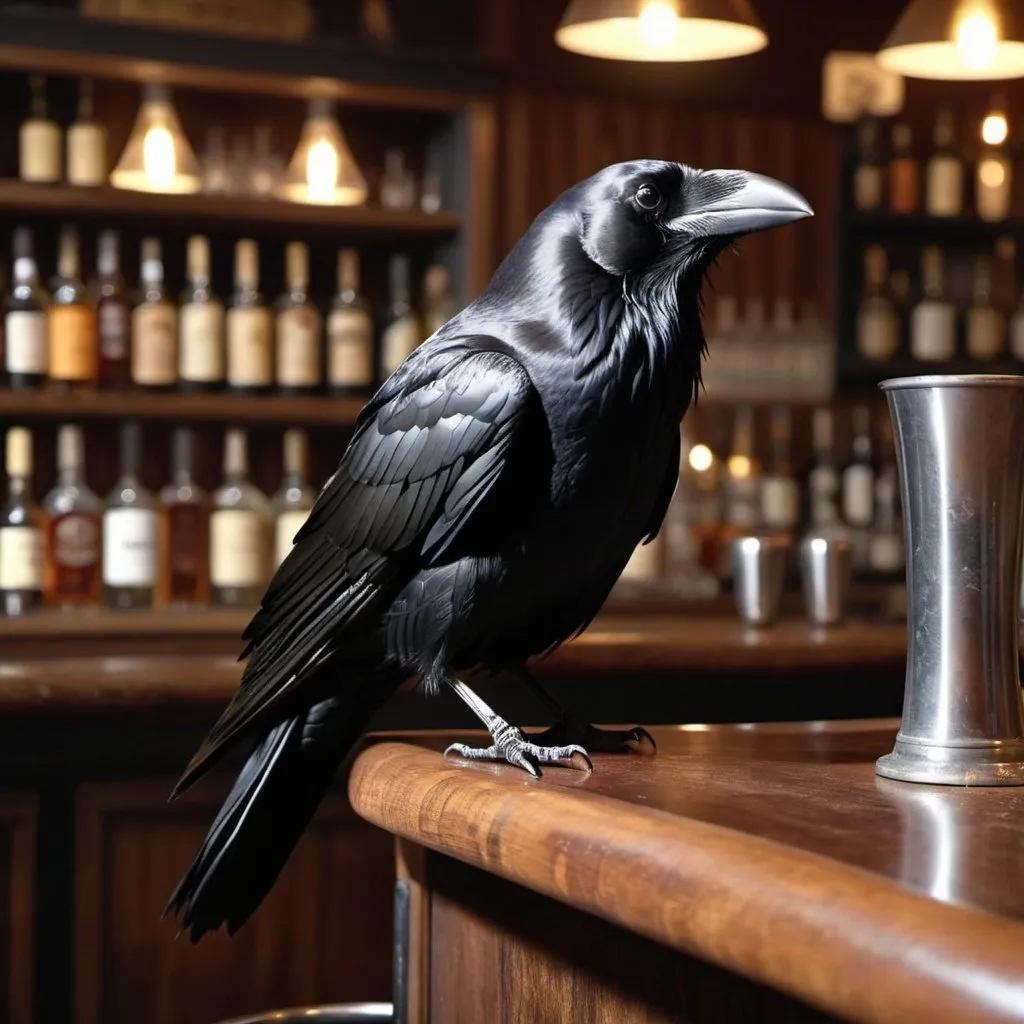 Prompt: 4k, A Raven sitting on a barstool in front of a bar at a sophisticated bar. There is an old fashioned on the bar.