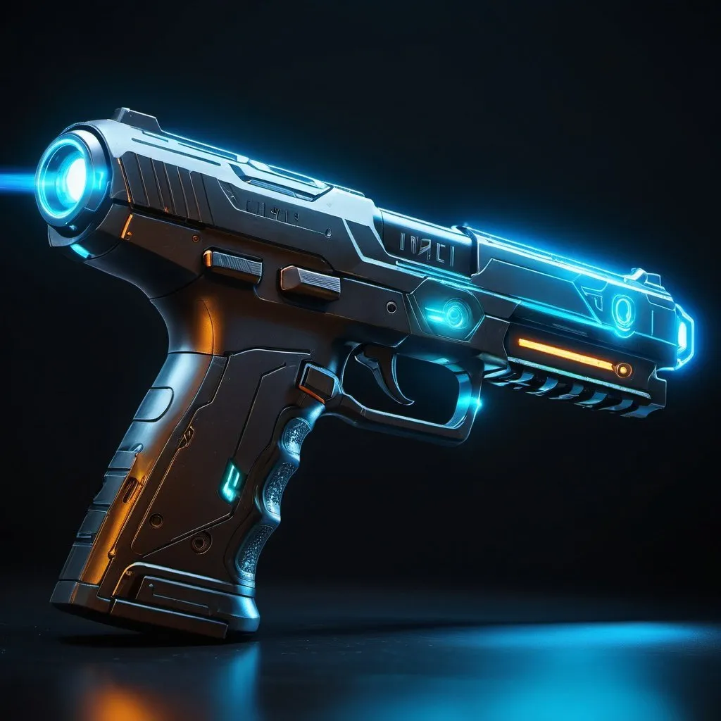 Prompt: heavy pistol, lights, glowing lights, magic runes, glowing runes, heavy on the Halo influence, cyberpunk design