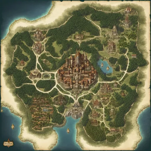 Prompt: Generate a detailed map of Irontree, an eladrin city in the Feywild. The sprawling city is built around a massive pine tree. The lord's palace is directly under the roots of the pine tree.