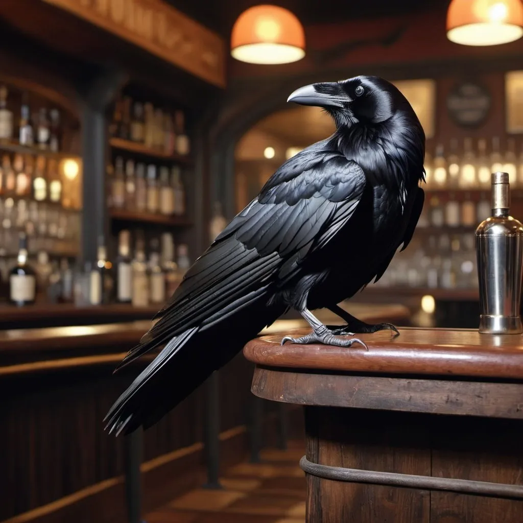 Prompt: 4k, A Raven sitting on a barstool in front of a bar at a sophisticated bar. There is an old fashioned on the bar.