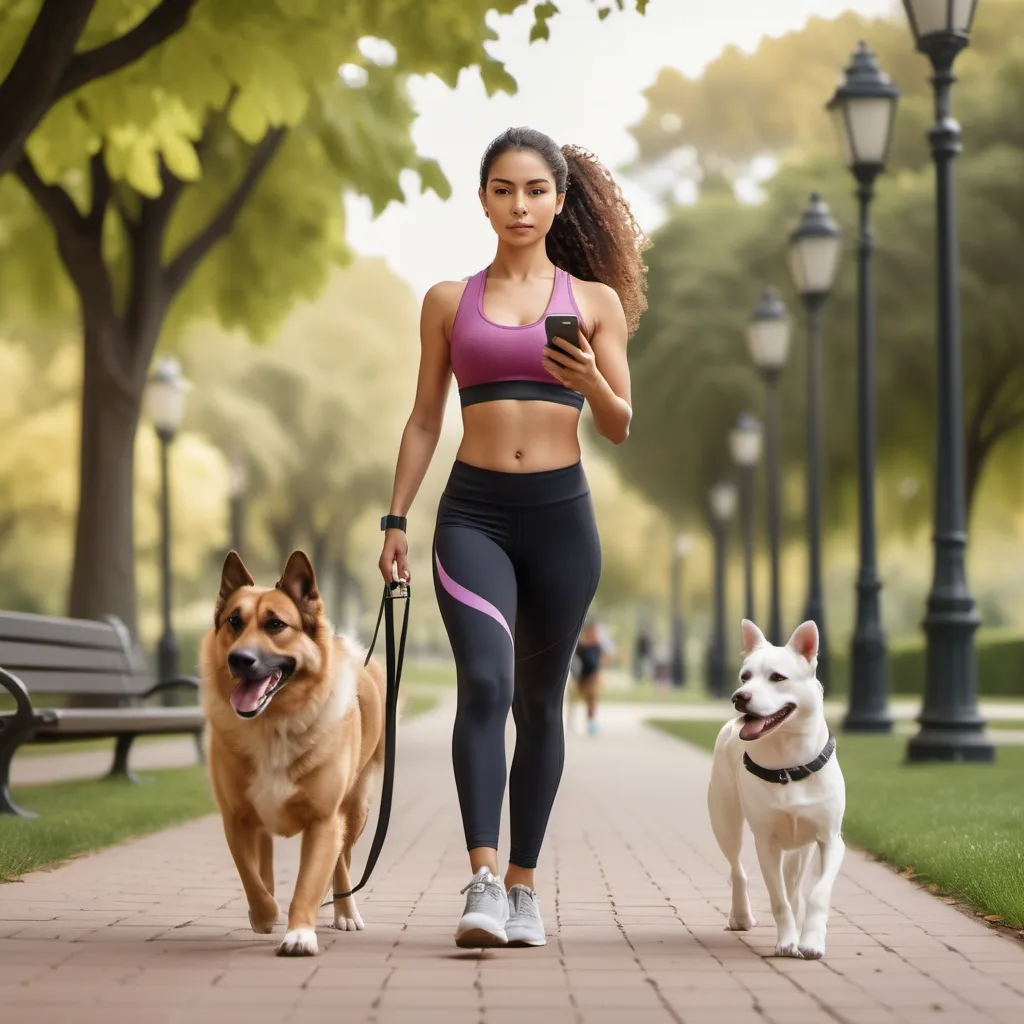 Prompt: Design a Latina woman focused and serious while wearing exercise gear, walking a dog in a scenic park. She holds a mobile phone that displays an infinity symbol, symbolizing her commitment to fitness and well-being, as she strides confidently along the path, embodying a healthy and active lifestyle.