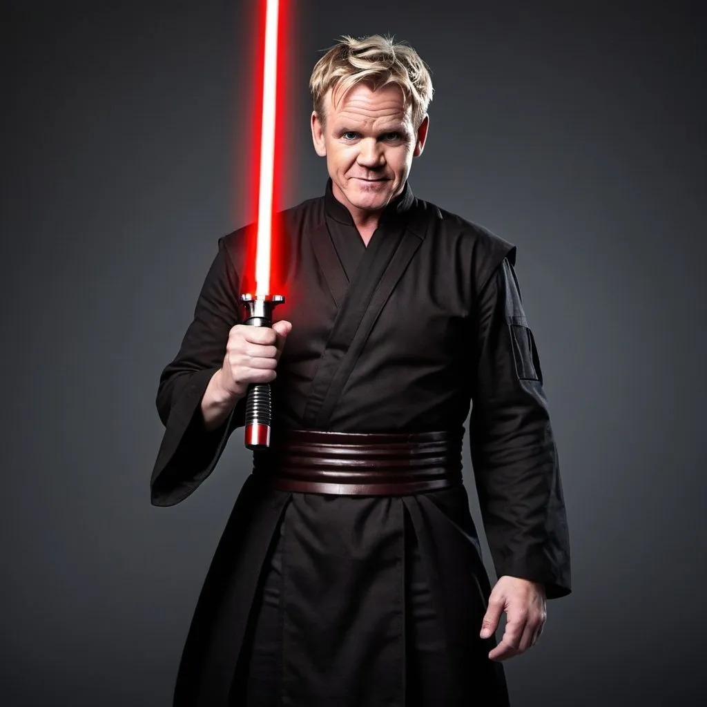 Prompt: gordon ramsey as a sith lord with a red lightsaber

