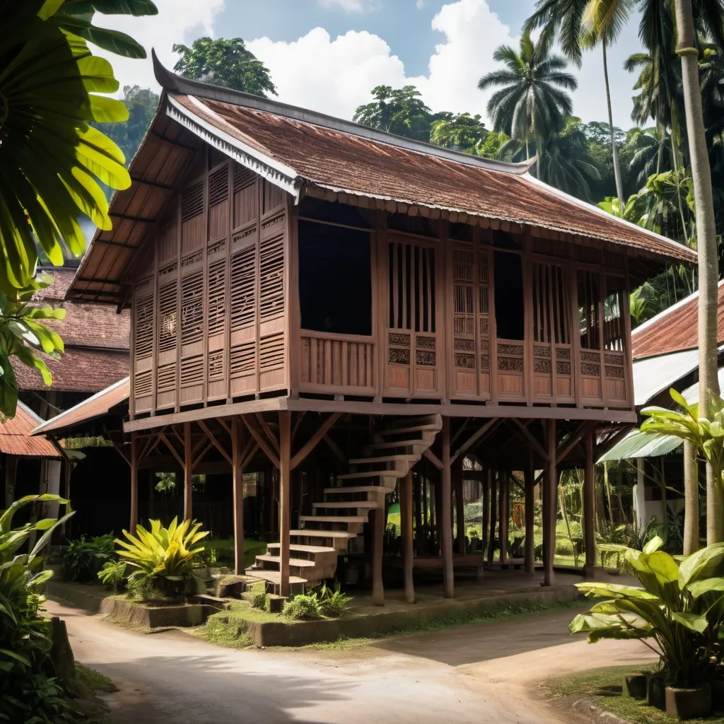 Prompt: a wooden malay house in a village